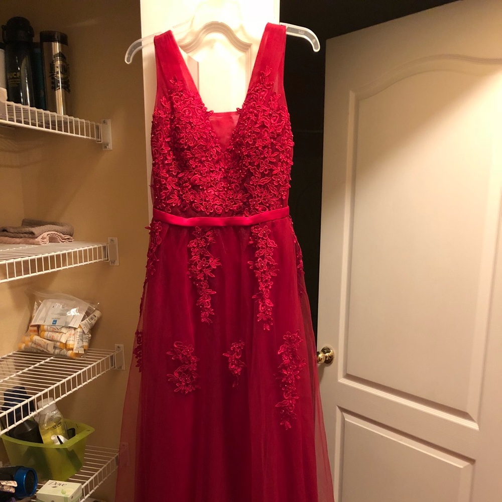 Red long a-line dress, size 6 never worn.
